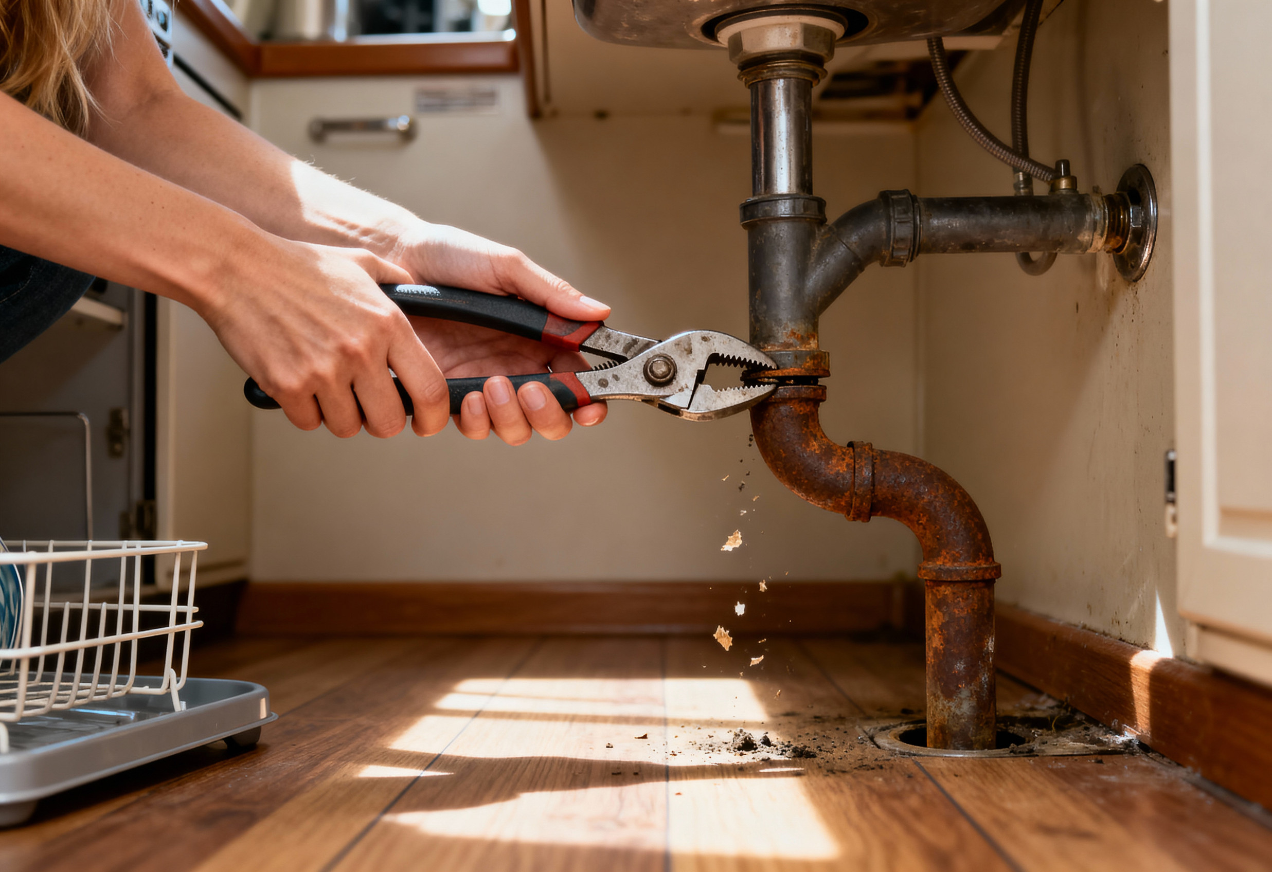 Hands using pliers to repair and remove rusted pipe under kitchen sink, focusing on home plumbing and maintenance issues Leak Detection & Diagnostics inspection tools in use none